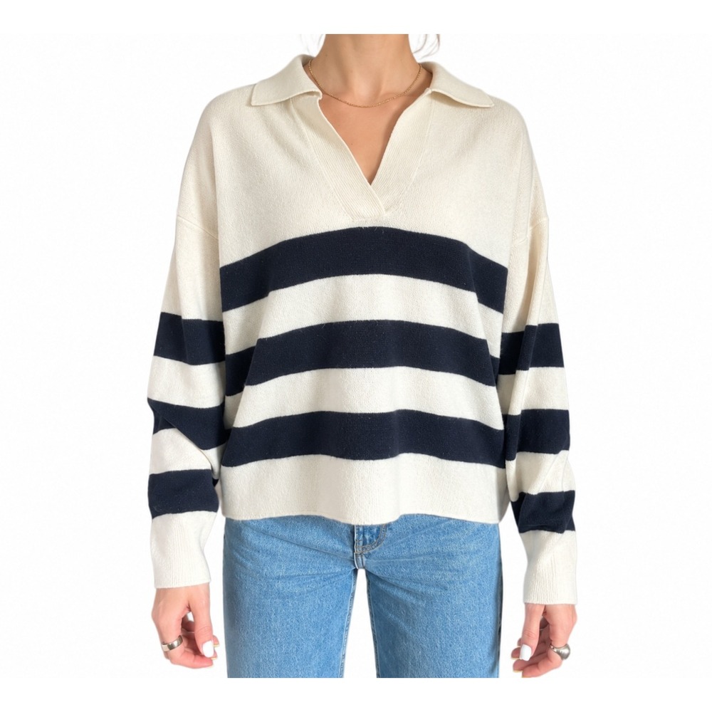 Joie 100% Cashmere Striped Preppy Collared Sweater Cream & Navy Blue